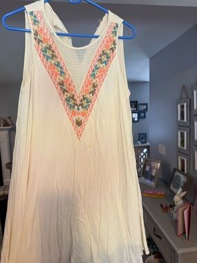 entro Cream Sleeveless Dress with Coral and Teal Embroidery